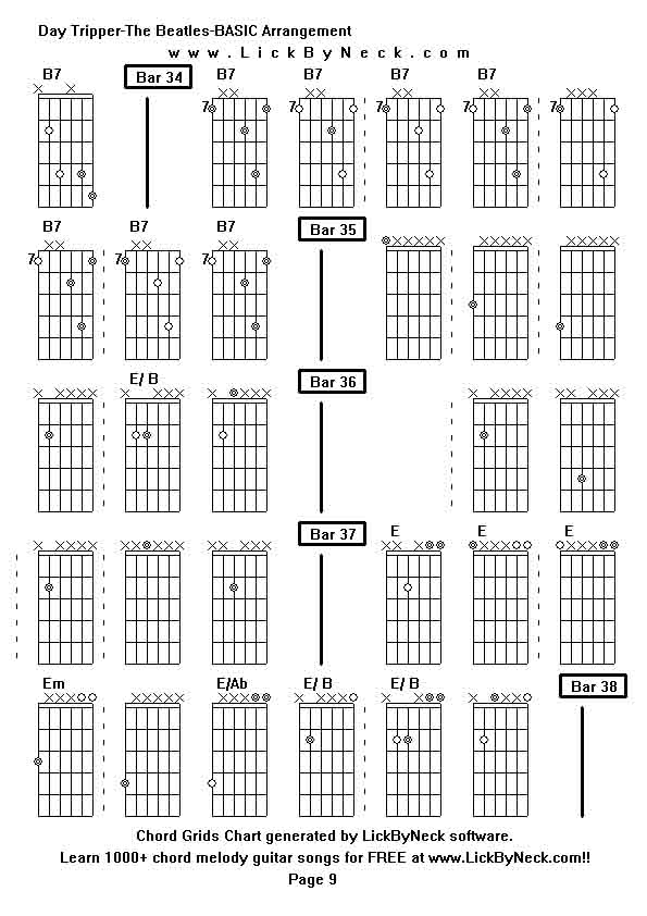 Chord Grids Chart of chord melody fingerstyle guitar song-Day Tripper-The Beatles-BASIC Arrangement,generated by LickByNeck software.